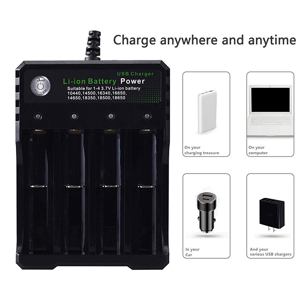 HASTHIP® 18650 Battery Charger 4 Bay Fast Charge, for 3.7V Li-ion TR IMR 10440 14500 16650 14650 18350 18500 16340(RCR123) Batteries, USB Intelligent Universal Rechargeable Battery Charger