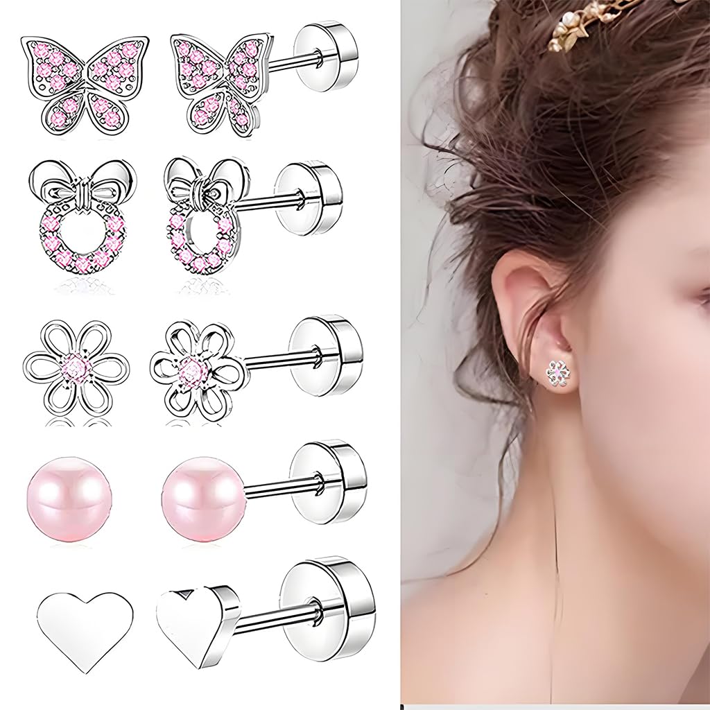 SANNIDHI® 5 Pairs Hypoallergenic Screw Back Earrings for Women Girls Surgical Steel Cute Heart CZ Flower Pearl Ball Tiny Screwback Stud Earring - Pink