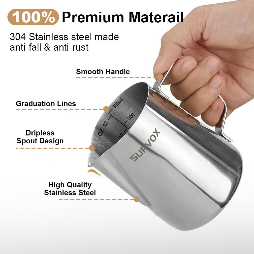 Supvox® Coffee Accessories Kit: 12oz Milk Frothing Pitcher & 100ml Espresso Cup, Food Grade Stainless Steel, Laser Etching Measuring Markings, Milk Jug Cup with Decorating Pen Latte Art, Coffee Tools