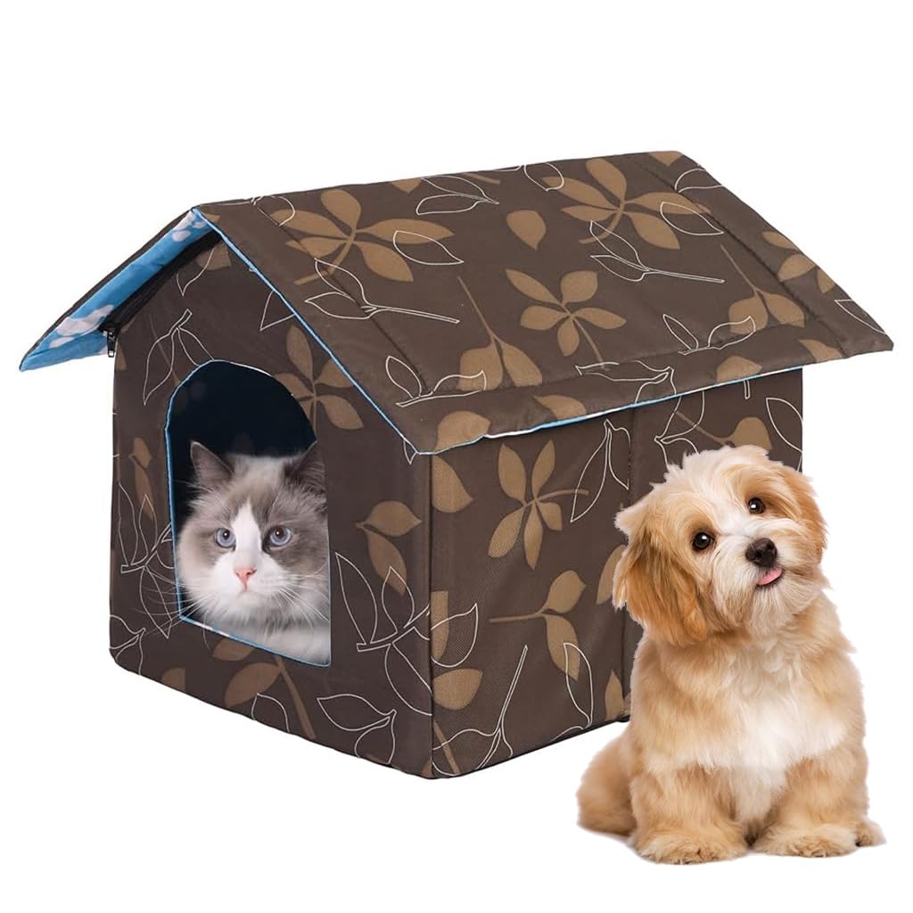 Qpets® Cat House, Pet Hut Indoor Outdoor Hide Cave with Detachable Roof Waterproof Cat House DIY Assembly Foldable Pet House Padded Warm Cat House Play House Winter Pet House, 45x43x40cm