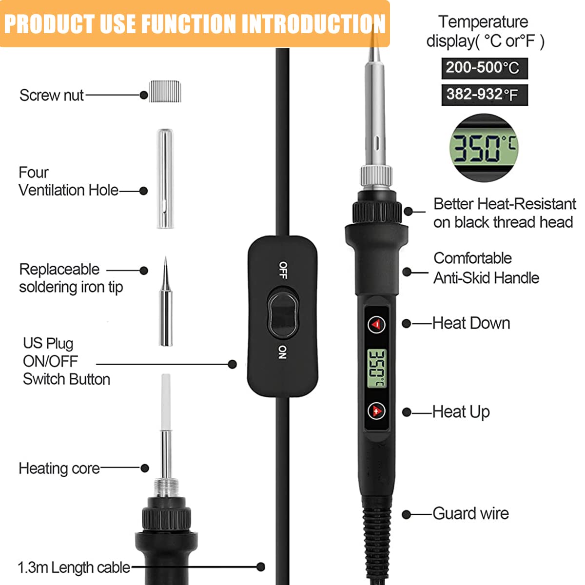 Serplex® AC Soldering Iron Kit With 5 Different Soldering Tips & 1 Roll Solder Wire, 80W/220V Temperature Adjustable Soldering Iron With Digital Display Screen, Temperature Range 200-500°C