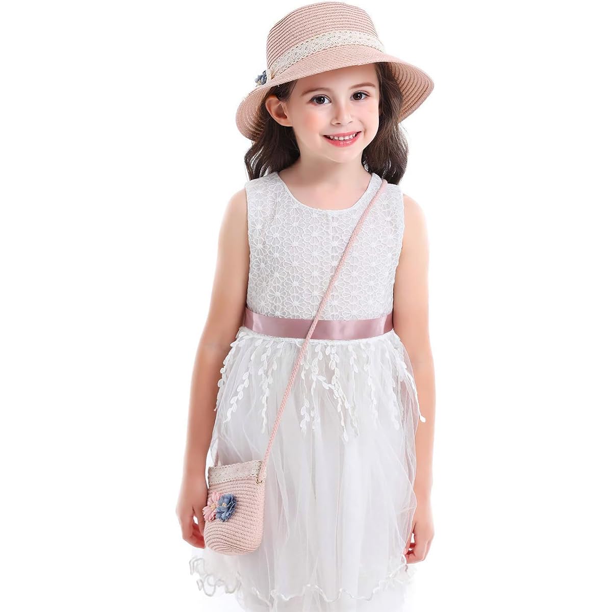 SNOWIE SOFT Pink Straw Hat and Mini Shoulder Bag Set for Girls 4–7 with Floral Lace Bowknot | Ideal Summer Beach Outfit Gift