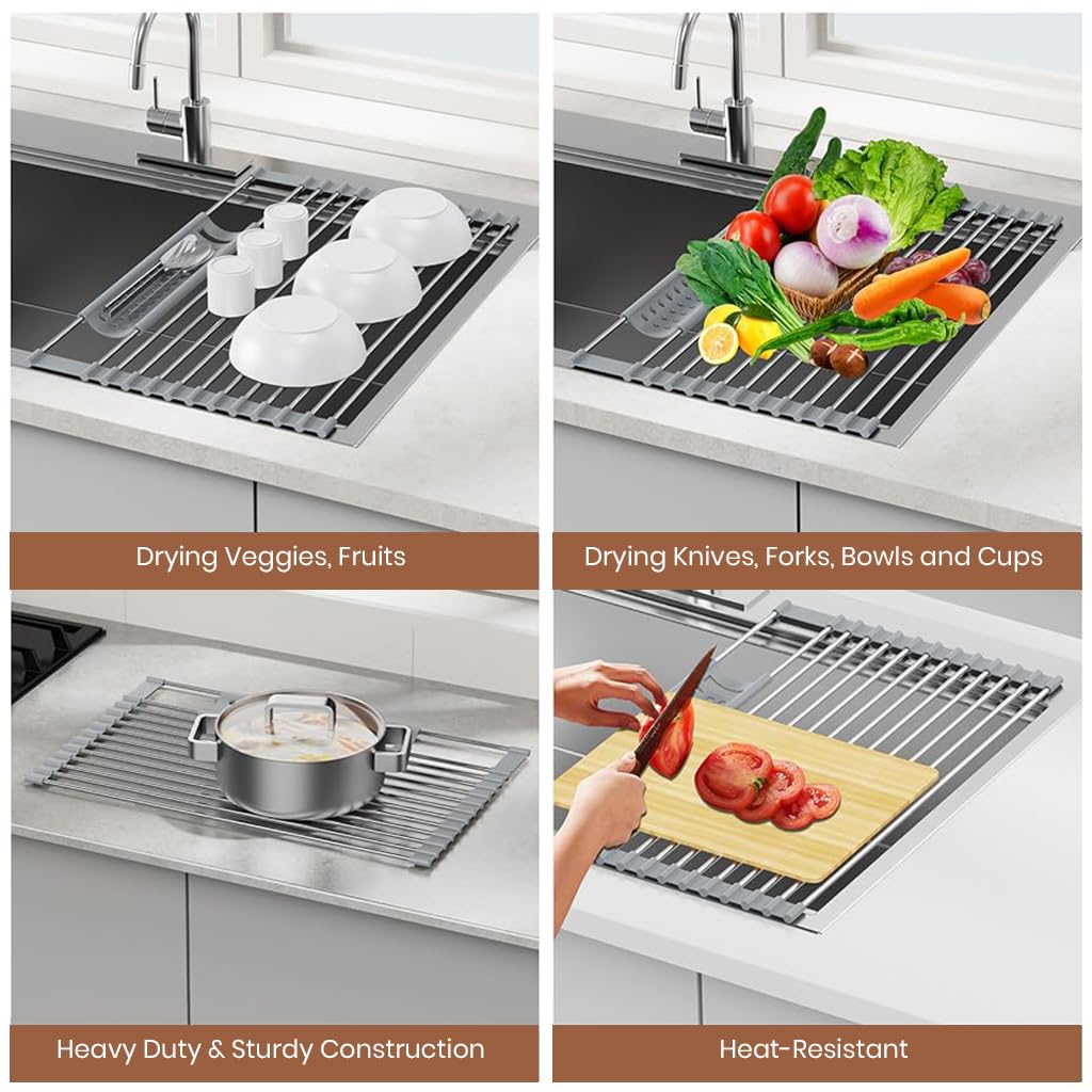 Supvox Utensils Drying Rack for Over Sink Use with Anti Slip Silicone Feet 47x33cm | Stainless Steel Roll Up Design