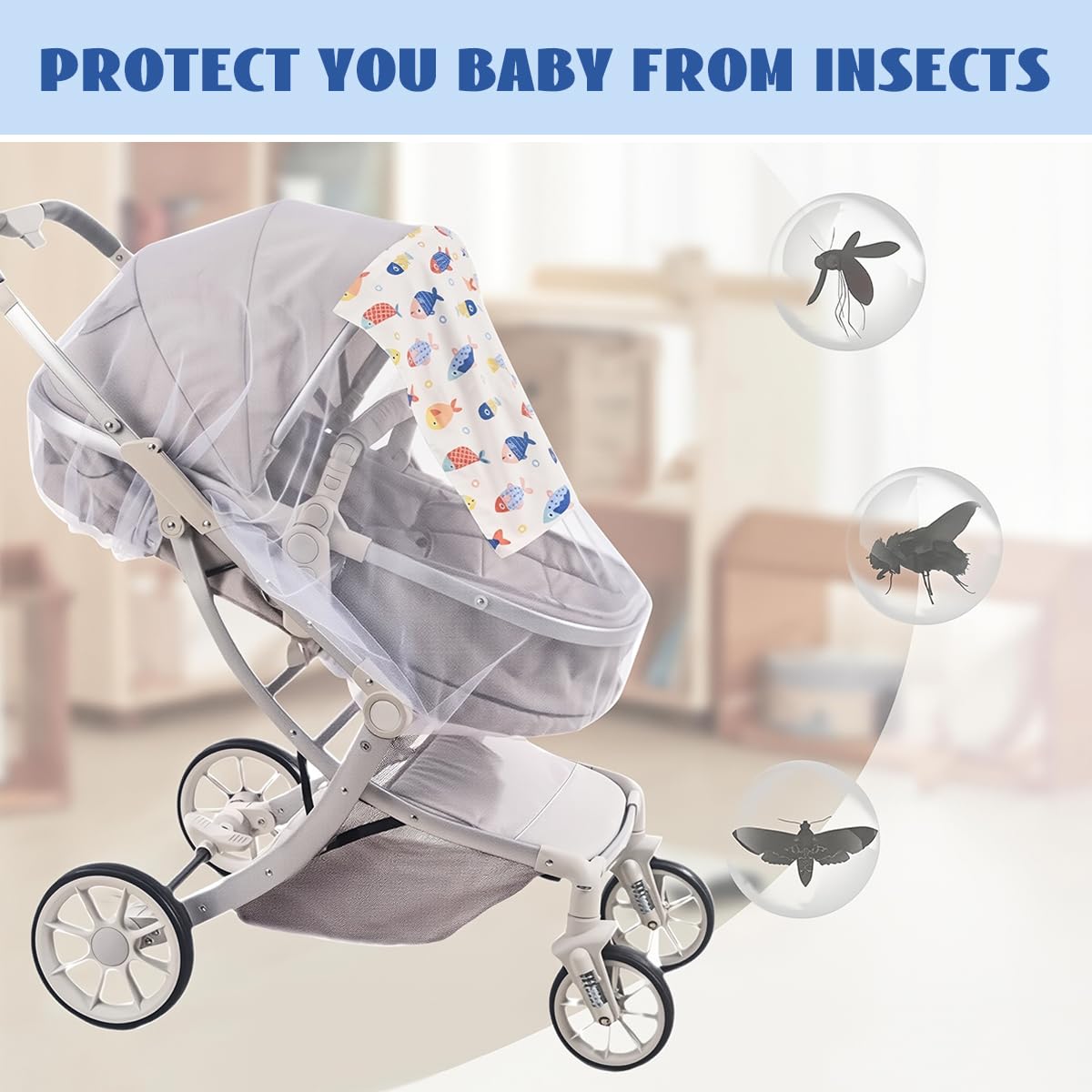 SNOWIE SOFT Mosquito Net for Stroller with Button-Up Shield Curtain and Elastic Edge | Universal Fit for Bassinets and Cradles