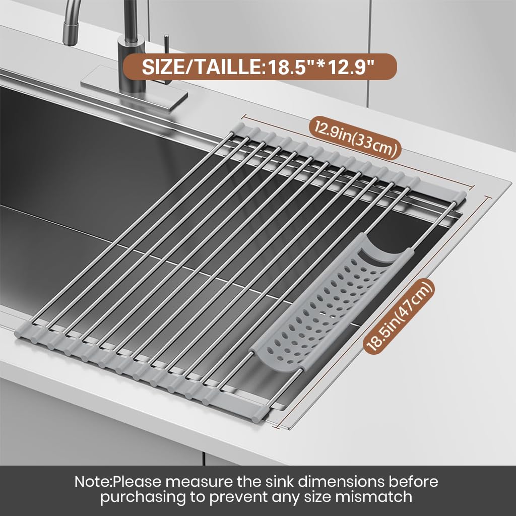 Supvox Utensils Drying Rack for Over Sink Use with Anti Slip Silicone Feet 47x33cm | Stainless Steel Roll Up Design