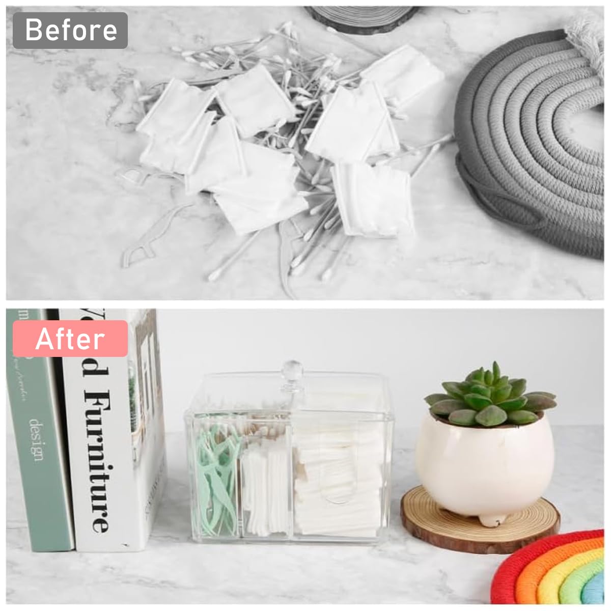 Zibuyu Transparent Acrylic Cotton Swab Organizer for Makeup Storage 15x10.7x10cm with 4 Sections and Crystal Ball Lid