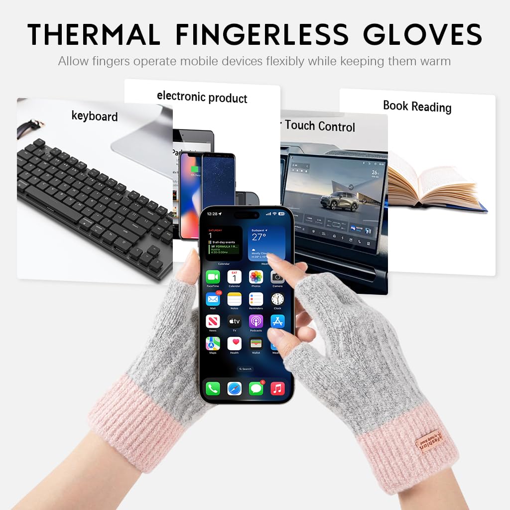 Gustave Winter Warm Gloves for Women with Fingerless Design and Soft Chinlon in Grey & Pink | Chic Device-Friendly Gift