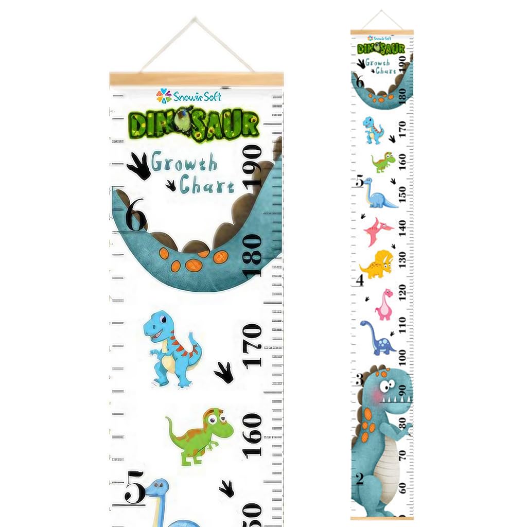 SNOWIE SOFT Cartoon Growth Chart for Kids 60–180cm with Wall Hanging Canvas | Blue Dinosaur Room Decor