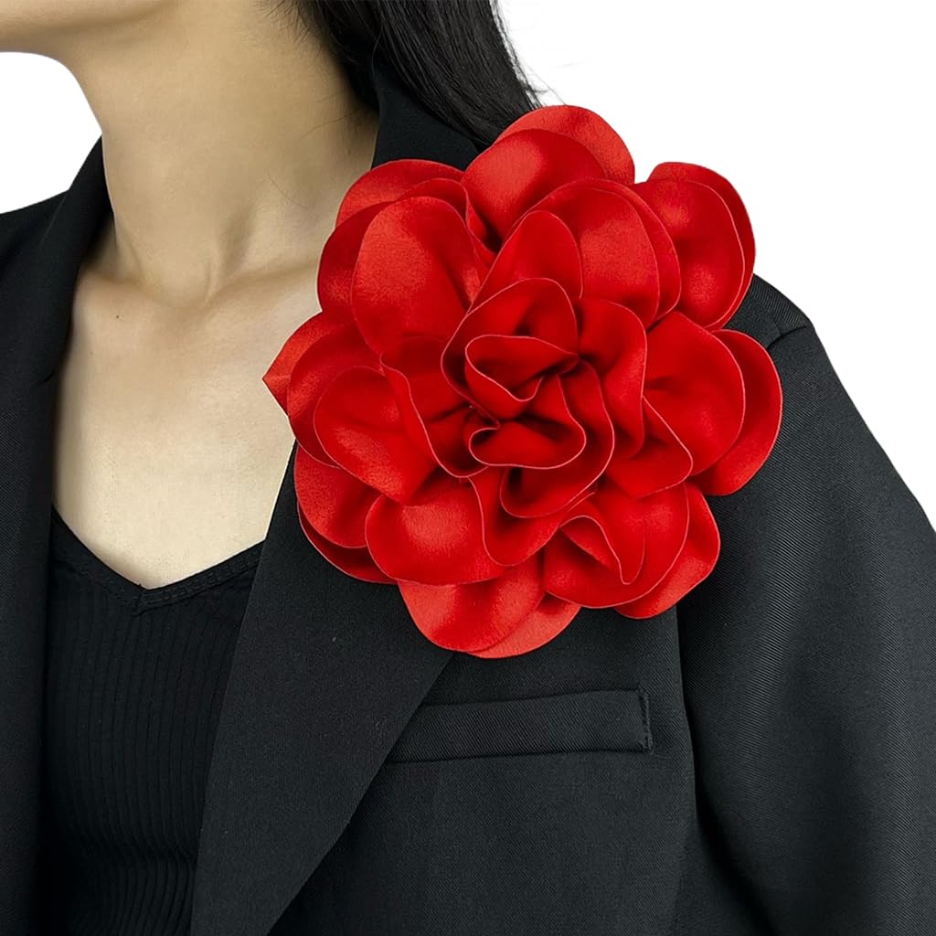 SANNIDHI Large Red Flower Embellishment for Evening Dresses, Floral Accessory Brooch Pin for Latin Dance Dresses, Salsa Dresses, Cha-cha Dresses, Rumba Dress, Suit, 19cm Diameter
