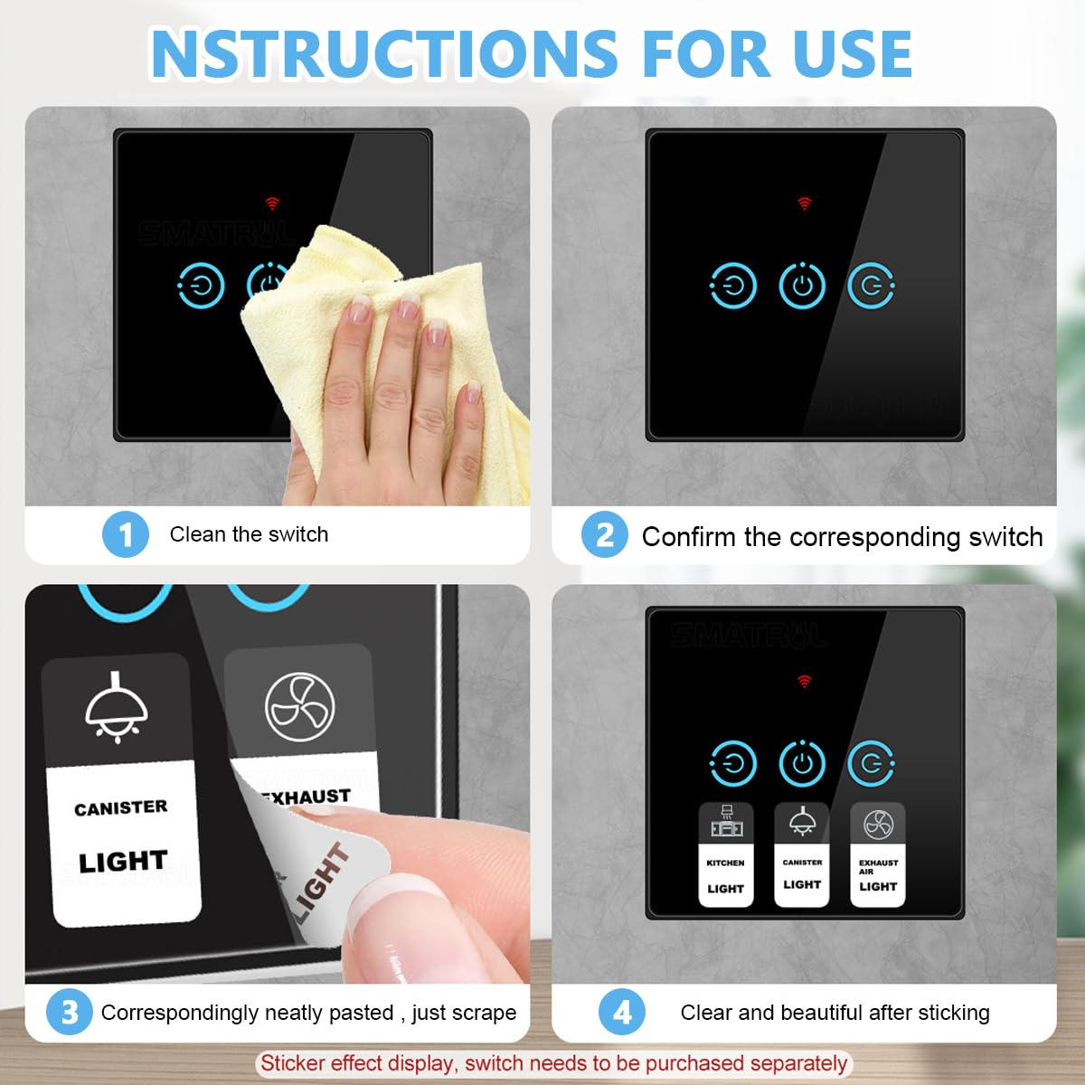 Venzina Switch Label Stickers for Home and Kitchen with 48 Pcs Waterproof Vinyl | Black Rectangular Design