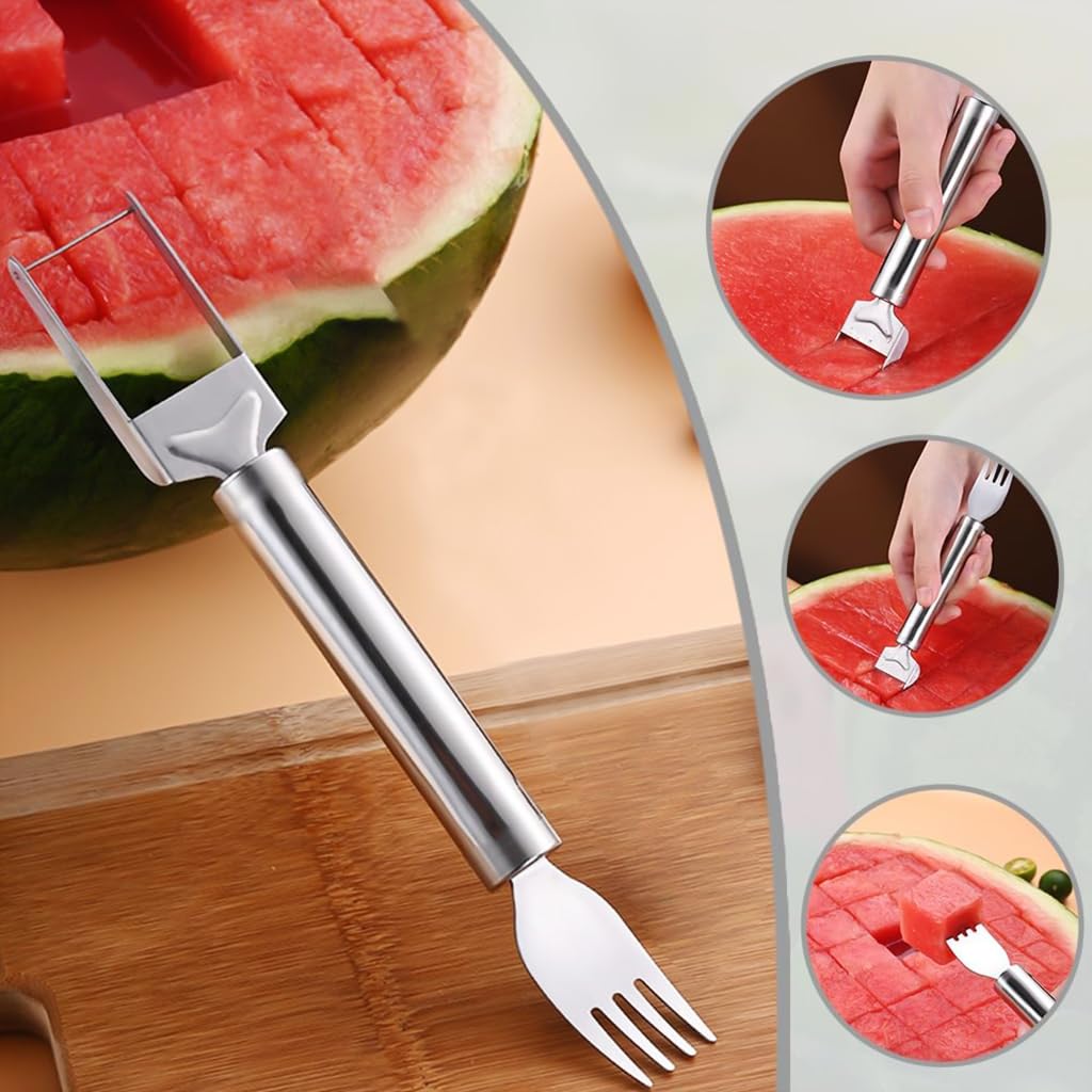 HASTHIP® 2-in-1 Watermelon Cutter & Fork Watermelon Slicer 9.4 Inches Stainless Steel Melon Cutter Slicer and Fork Dual Head Design Watermelon Cutter Fork