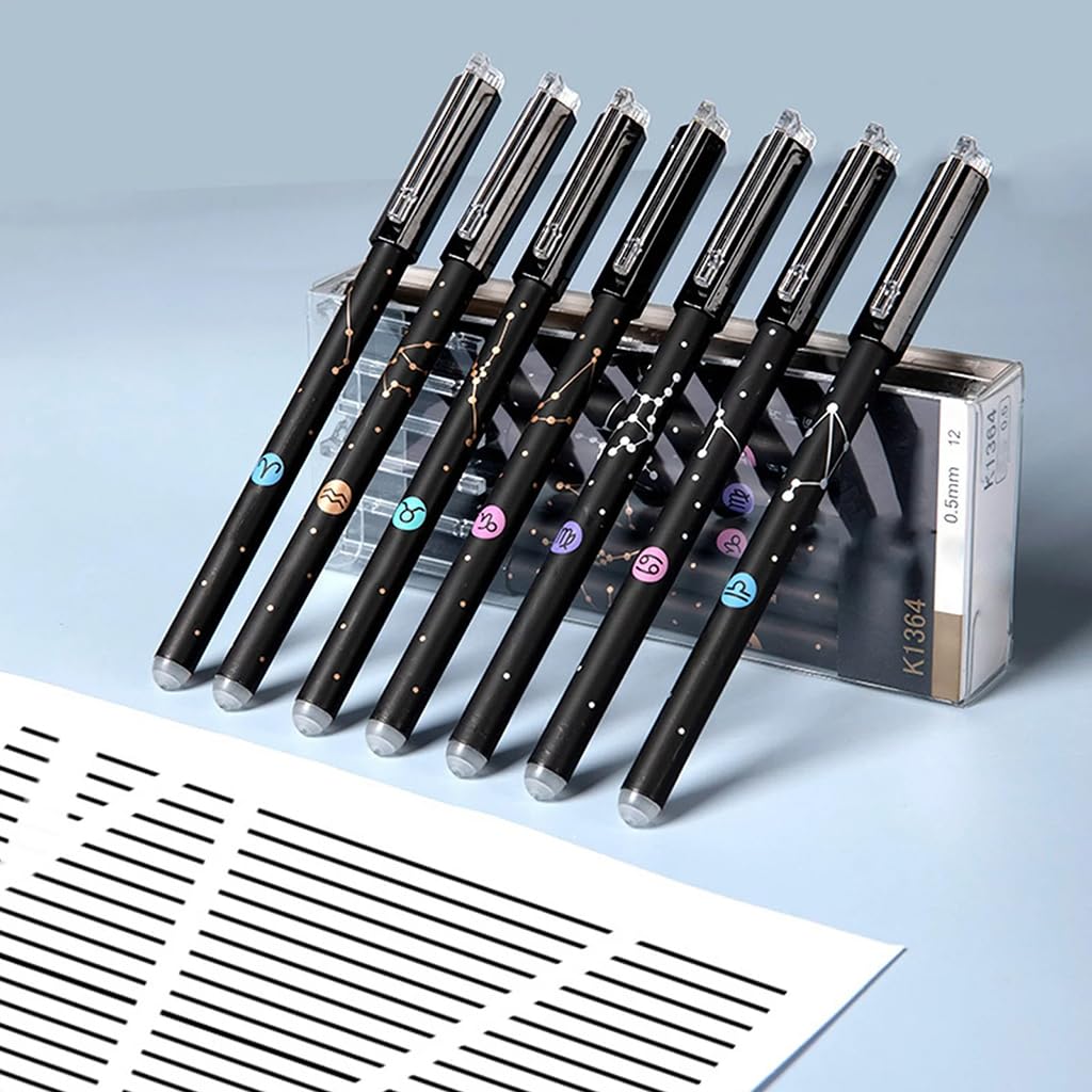Zibuyu Erasable Gel Pens 12 Pack 0.5mm Fine Point with Built In Eraser for Smooth Writing | Blue Ink Constellation Design