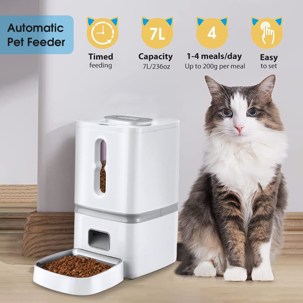 Qpets® 7L Automatic Dog Cat Feeder Pet Feeder with Bowl Programmable Time and Quantition, Cat Food Dispenser with 4 Meals Auto Feeding, Voicemail Recording