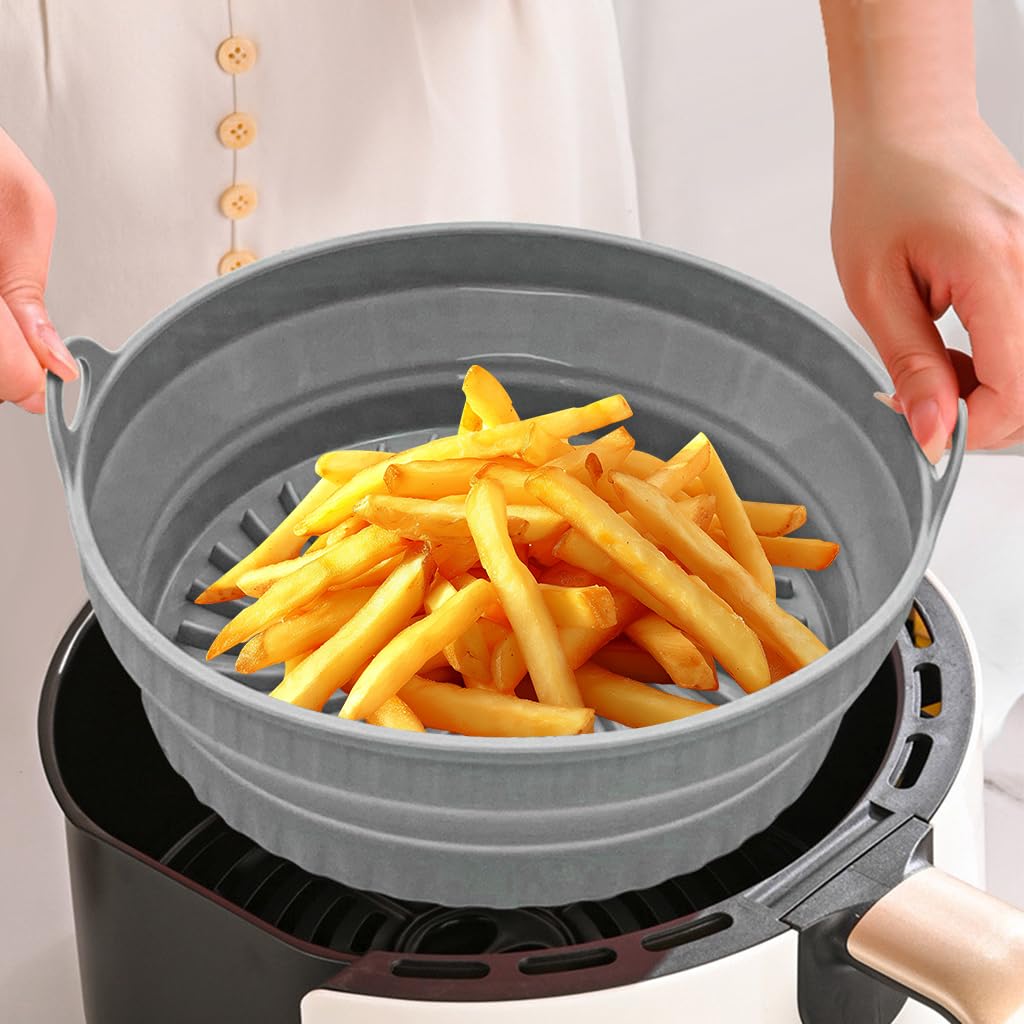 Supvox Air Fryer Silicone Pot 7.9 in for 3.6 4.2 6.8 QT Fryers with Handles and Grooved Base | Grey