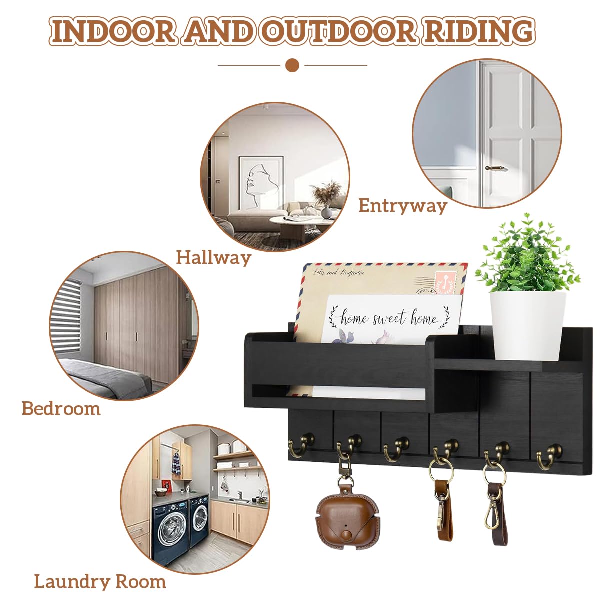 Supvox Wooden Key Holder for Home with Six Metal Hooks and Dual Shelves Black 12x4.8 in