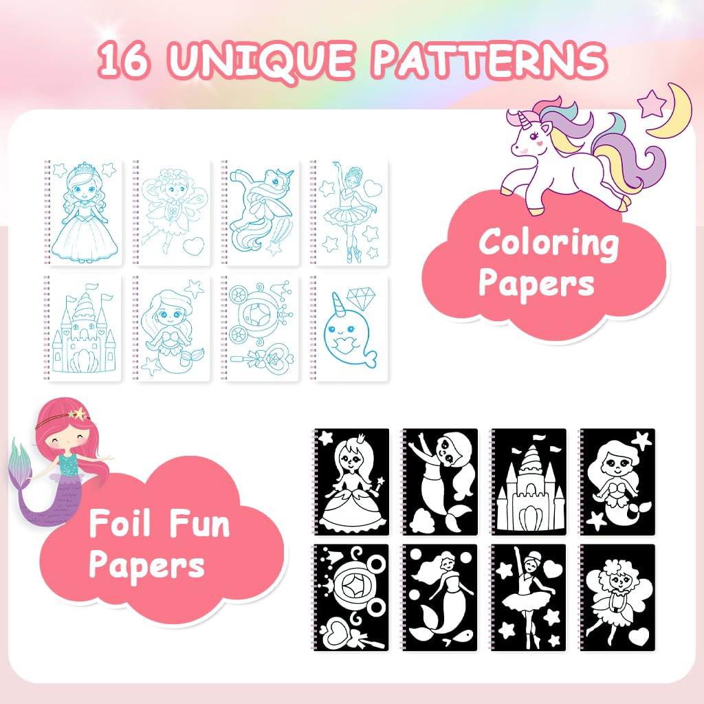 PATPAT DIY Foil Art Coloring Book for Kids with 16 Cartoon Patterns and 80 Glitter Foil Papers | Includes Scratching Stick and 8 Color Pen