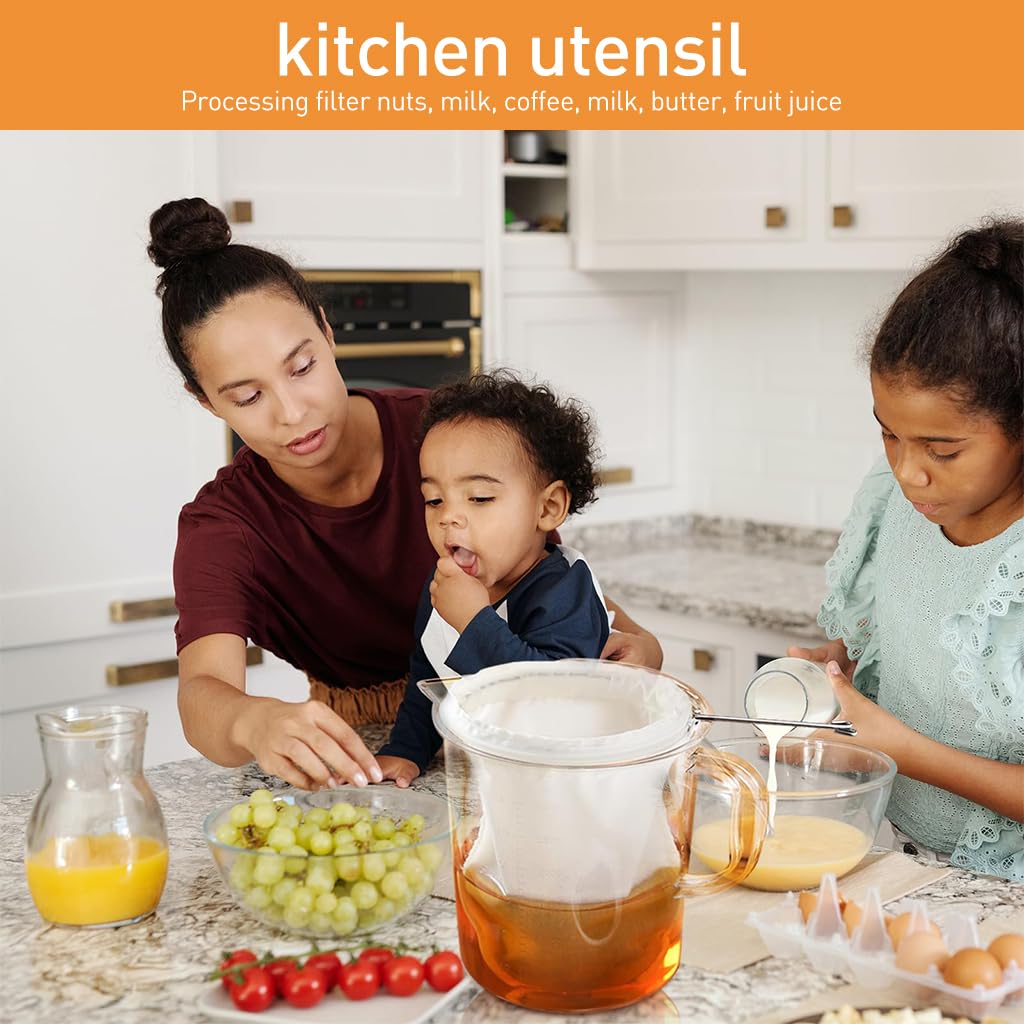 Supvox Kitchen Nut Milk Bag Thai Tea Strainer Reuseable Fabric Straining Bag with Stainless Steel Handle Detachable Straining Bag Design Utility Straining Bag for Milk Tea, Cheese-Making