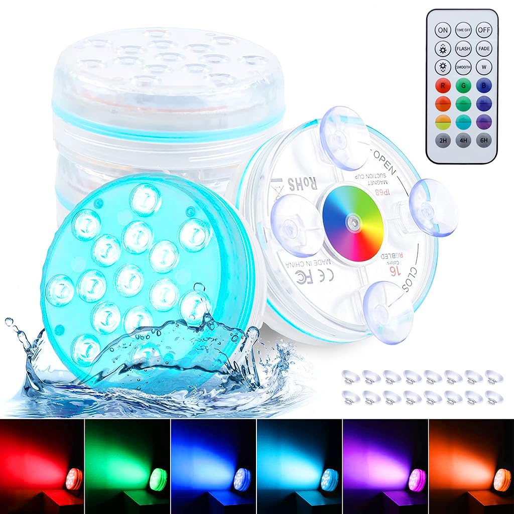 Qpets® LED Pool Light Aquarium Light IP68 Submersible Fish Tank Light Aquarium Light with Timer Support Remote Control Submersible RGB Fish Tank Light with 4 Suction Cup