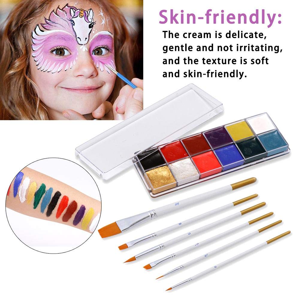 HASTHIP Face Body Paint Kit for Halloween and Cosplay with 12 Colors and 6 Brushes | Non Toxic Oil Based Makeup for Adults and Kids