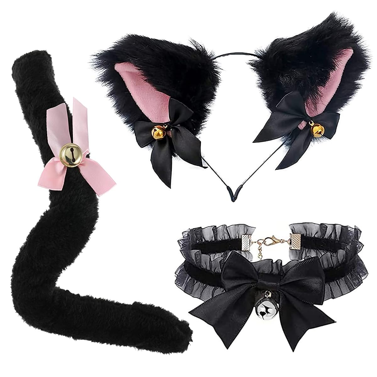 PALAY® Cat Ears Headband for Women Girls - Furry Fox Ears Hair Band, Lace Neck Choker & Fur Tail Set, Bow Bells Headwear Hair Hoop Anime Cosplay Costumes for Halloween Party