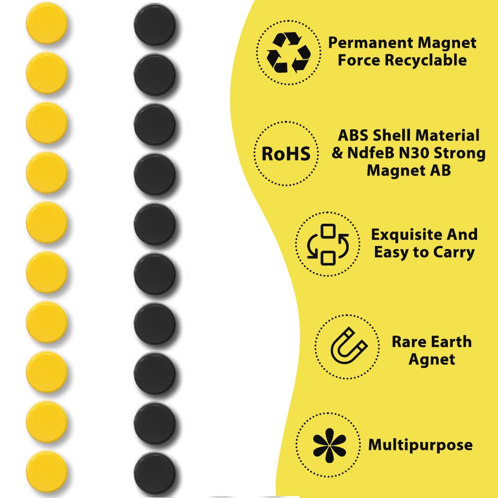 HASTHIP Fridge Magnets for Whiteboard and Refrigerator featuring 20pcs 2cm Strong Hold | Black and Yellow Round Design