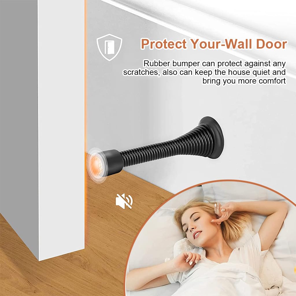Supvox Door Stops for Baseboards with Screw Mounted Spring Design 6pcs Stainless Steel | Black Rubber Tips for Wall Protection