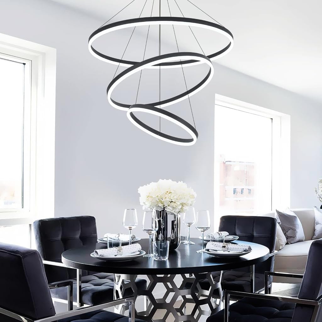 ELEPHANTBOAT LED Chandelier for Living and Dining Rooms with 3 Rings 55W Dimmable Light | Remote Control Adjustable Black Pendant