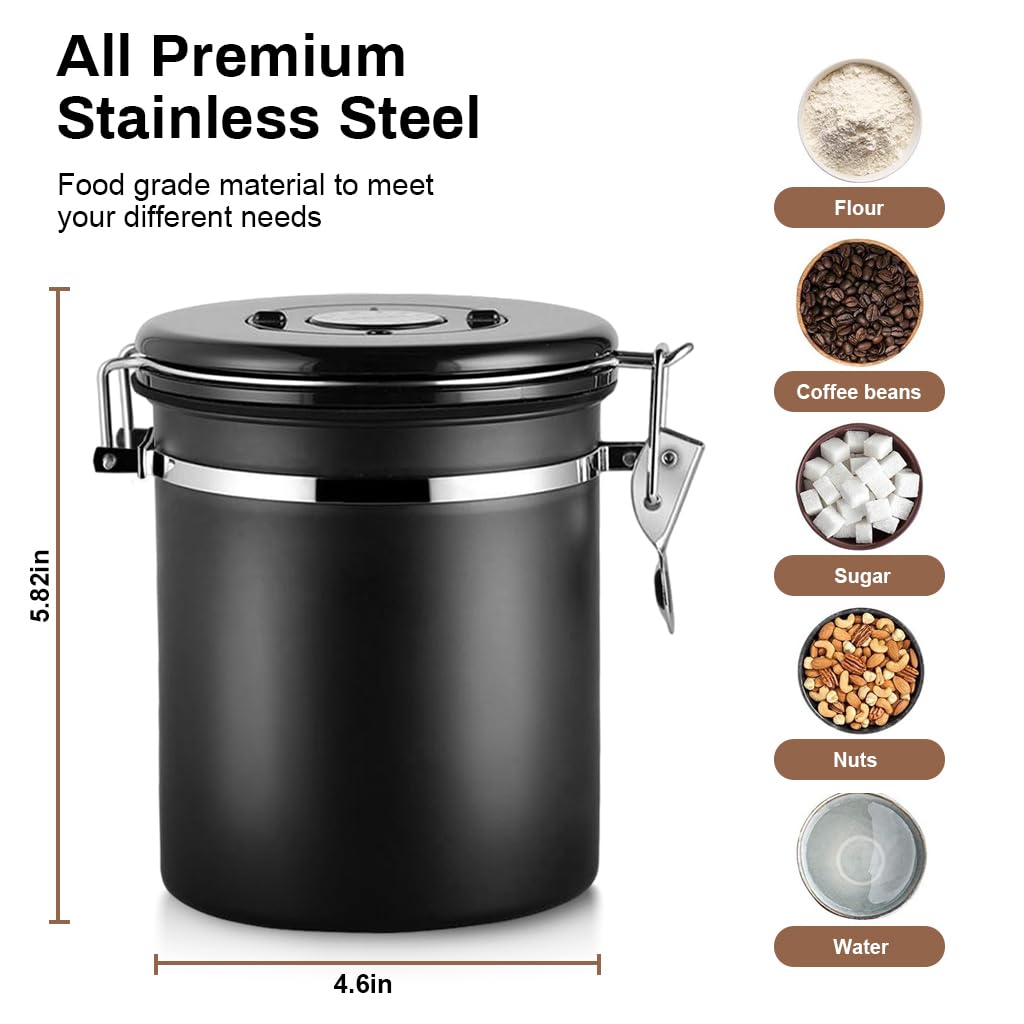 Supvox® Coffee Bean Canister 42Oz/1.2L Airtight 304 Stainless Steel Kitchen Food Container Food Storage Can with Date Tracker & Stainless Steel Scoop Canister Food Can for Coffee, Sugar, Tea, Flour