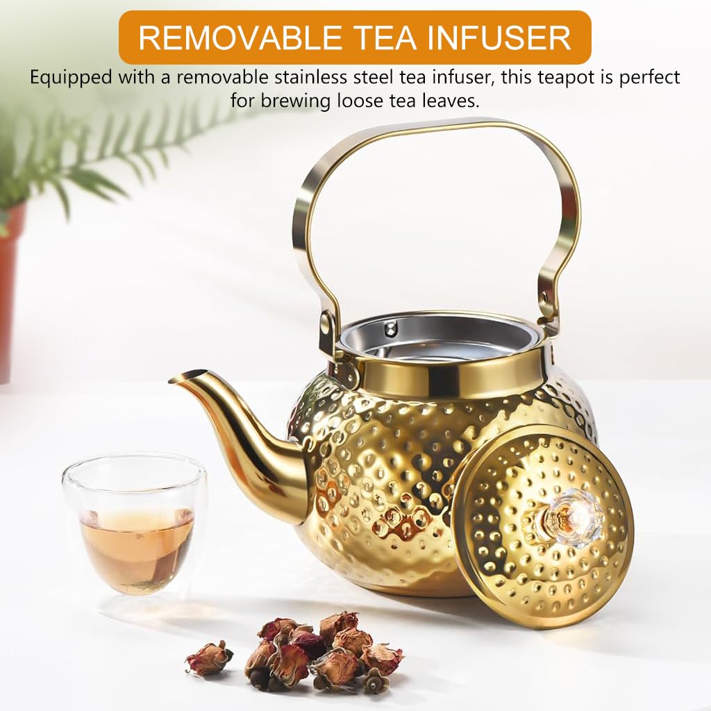 Supvox Stainless Steel Teapot for Gas and Induction with 1.2L Capacity and Removable Infuser | Golden Finish