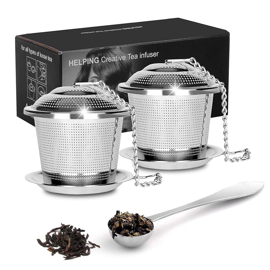 Supvox® 2Pcs Tea Infuser with Spoon 304 Stainless Steel Tea Strainer with Lift Chain & Tea Strainer Tray 1.96 inches Fine Mesh Strainer for Loose Tea, Chamomile, Green Tea Loose Leaves