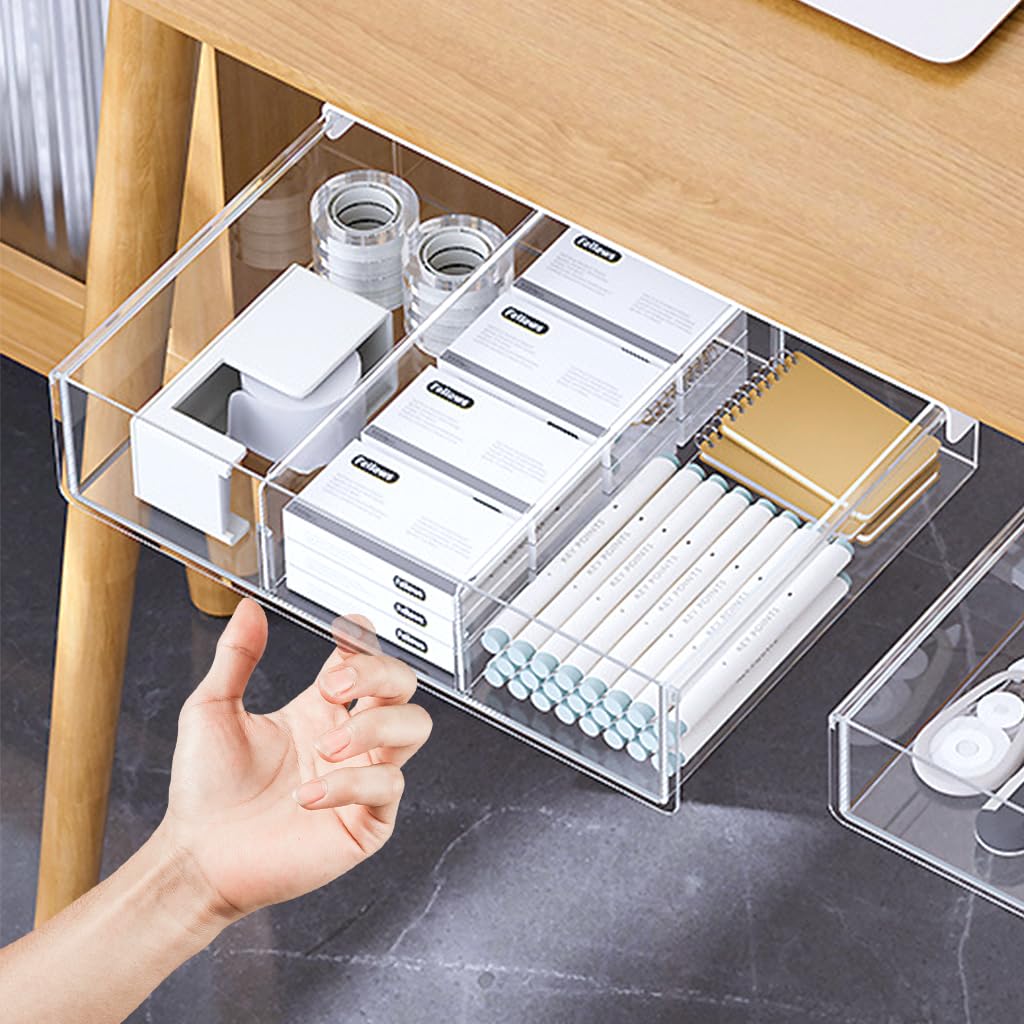 OFIFO Pull Out Under Desk Drawer Organizer for Office Supplies featuring Adhesive No Drill Install and Clear PP Design | 9.2x12.7x3 in Hidden Storage Box