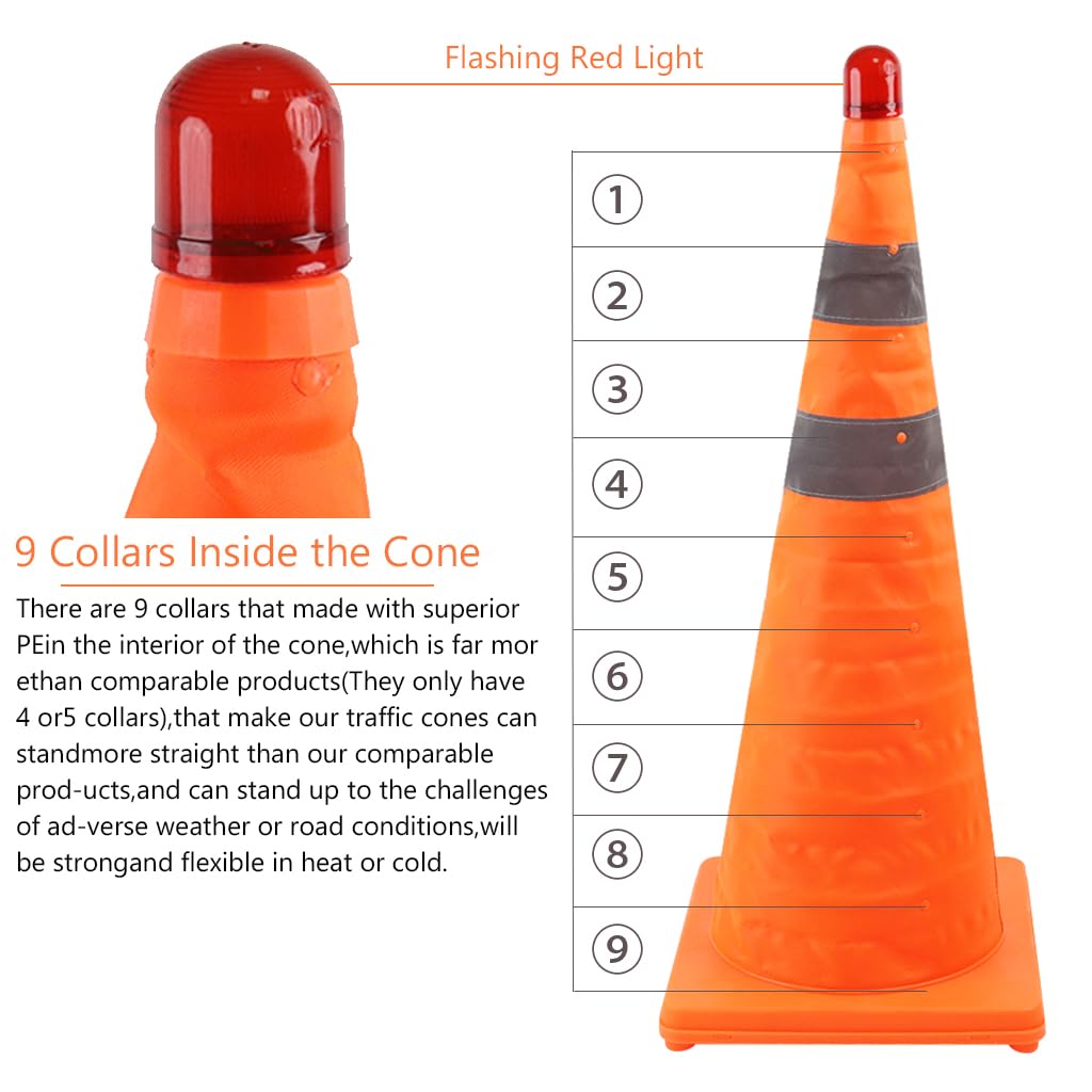 STHIRA Foldable Traffic Cone for Roadwork and Parking with LED Light 28 in Bright Orange | Reflective and UV‑Resistant Safety Cone