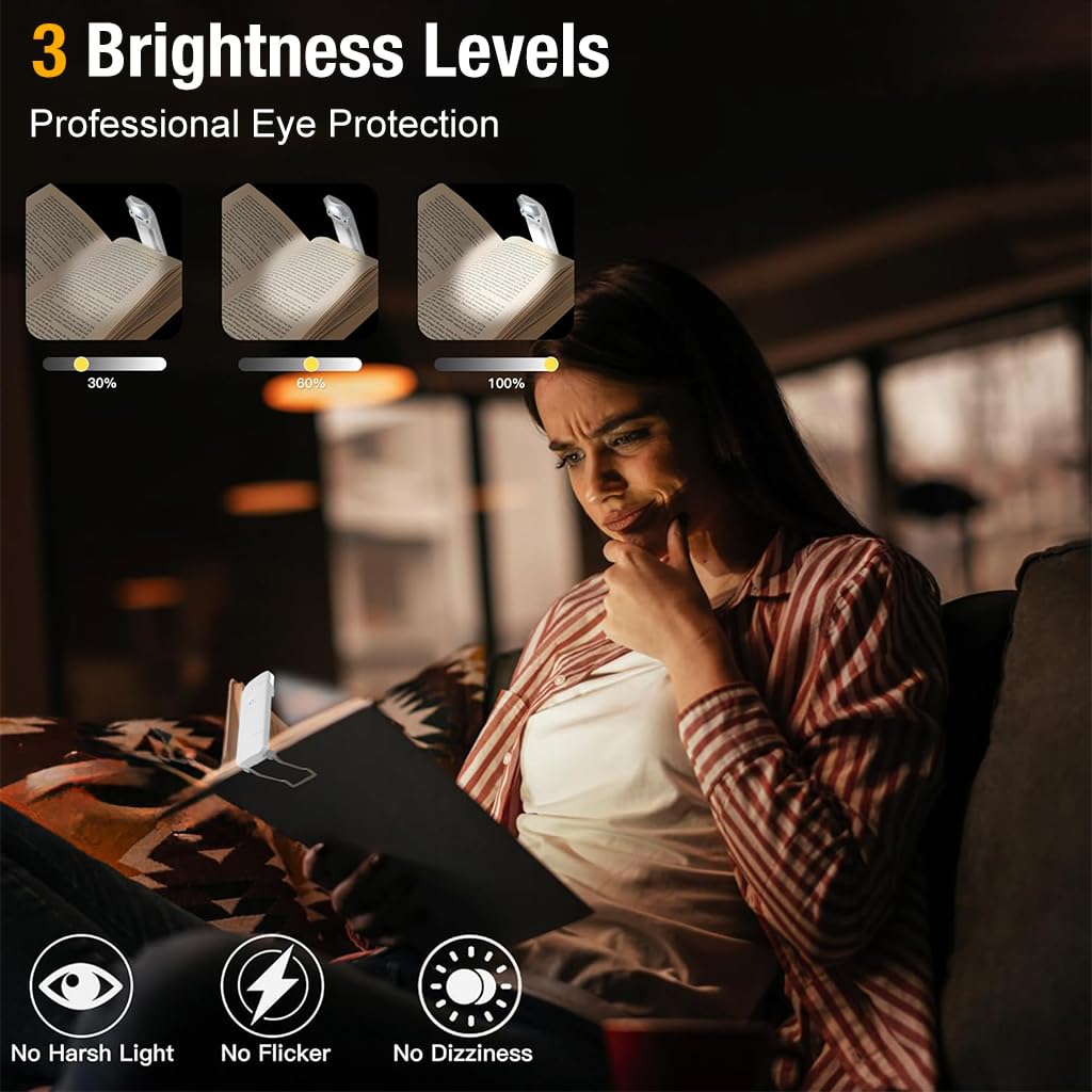 ELEPHANTBOAT USB Book Reading Light for Bedtime with 9 Brightness Levels and Clip Stand | White Rechargeable Lamp