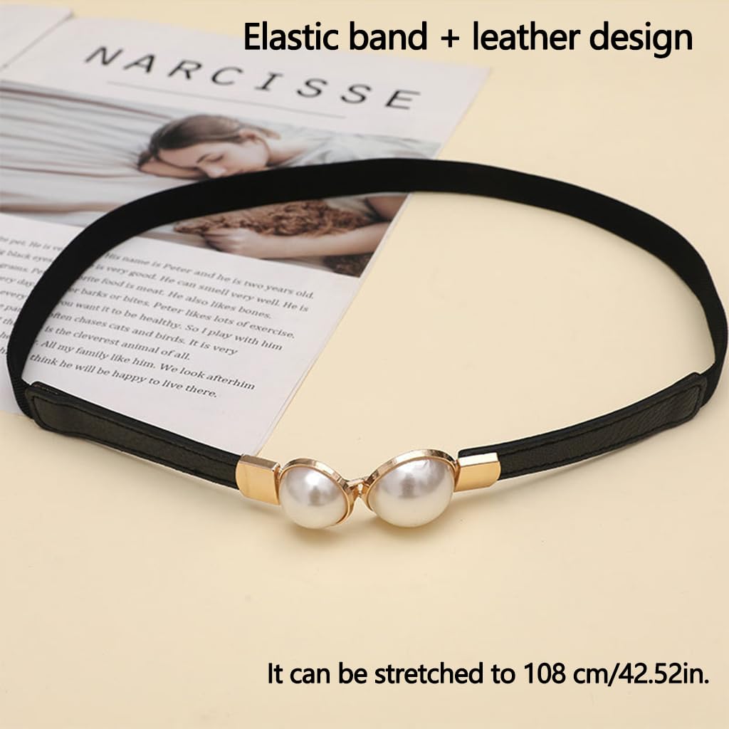 Zibuyu Womens Skinny Stretchy Waist Belt with Gold Pearl Buckle for Dresses and Formal Outfits