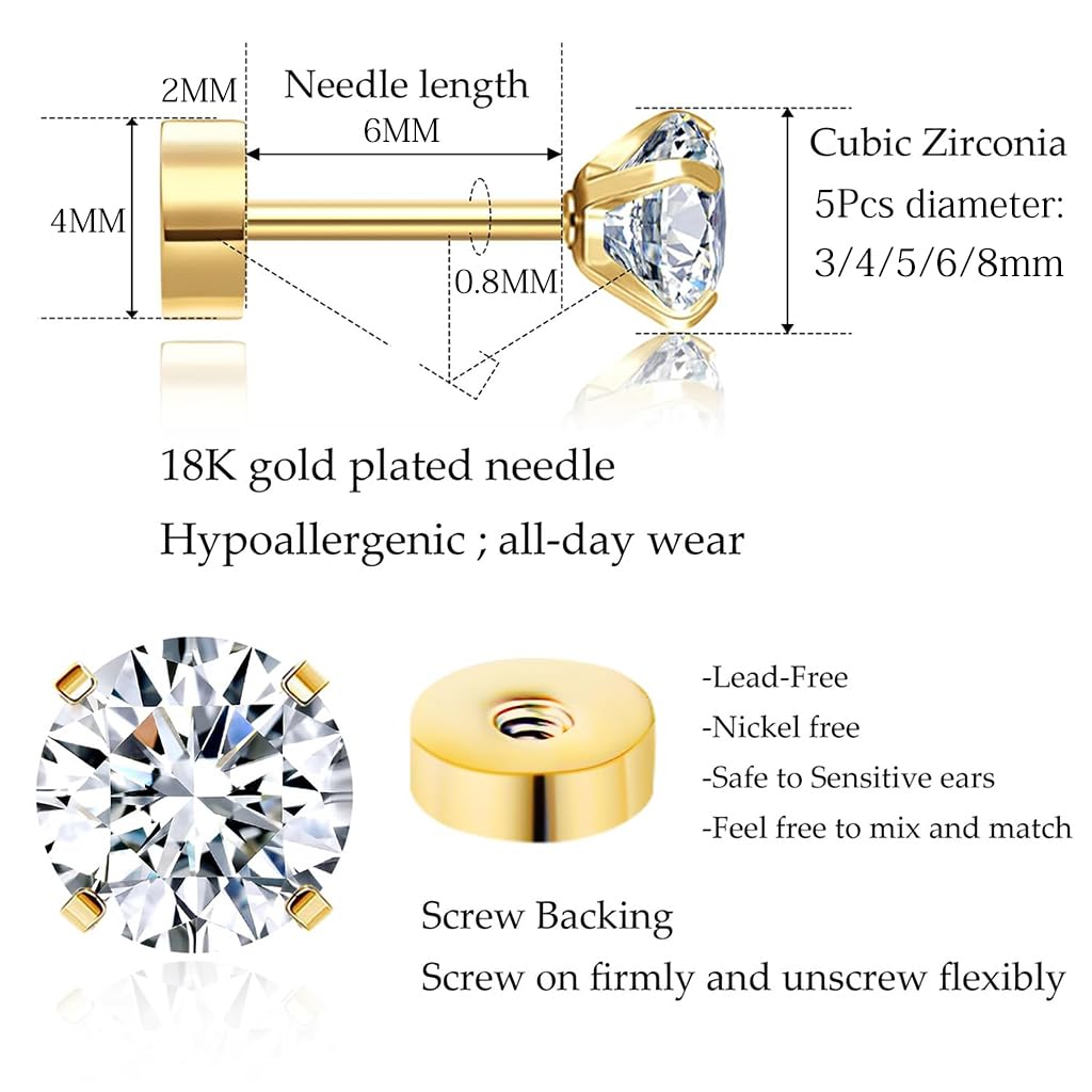 SANNIDHI® 5 Pairs Earrings for Women Flat Back Gold Cartilage Stud Earrings Cubic Zirconia 316L Stainless Steel Earrings Hypoallergenic Nickel-Free Earrings - 3/4/5/6/8mm