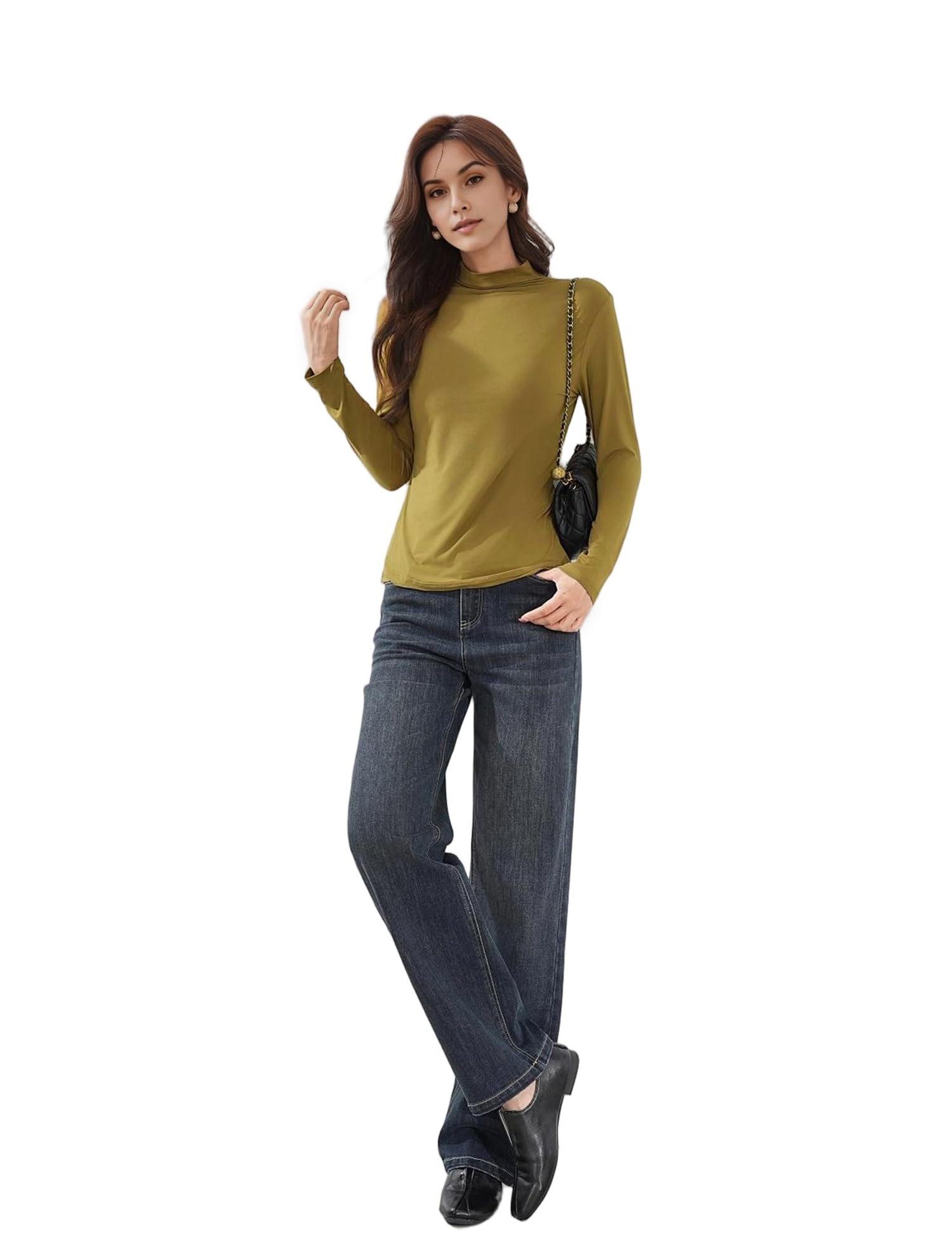 Venzina Women Mock Neck Long Sleeve Top with Soft Stretch Fabric in Mustard Yellow | Slim Fit