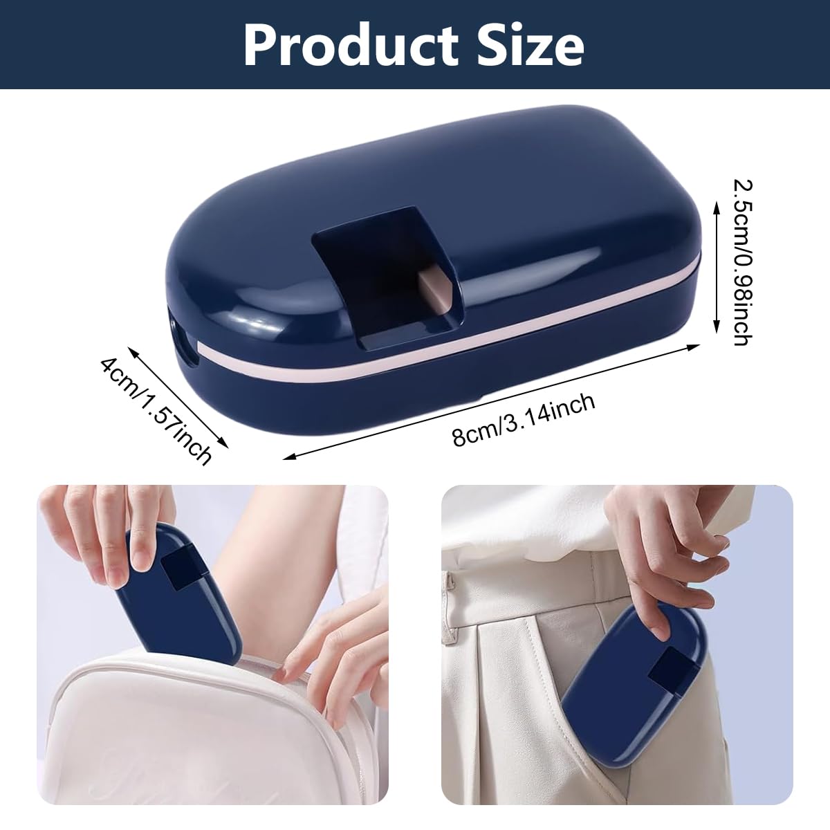 HANNEA Pill Cutter Splitter for Small Tablets with Safety Blade Guard and V-Shaped Groove | Blue Portable 0.08–0.8 in Pill Storage