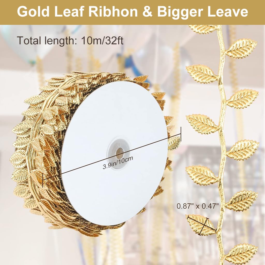 MAYCREATE Decorative Golden Leaf Ribbon for DIY Crafts and Gift Wrapping 32ft | Elegant Trim