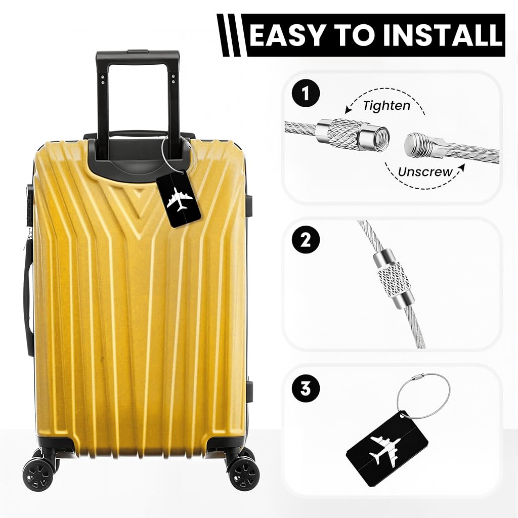 ZIBUYU Luggage Tags 3 Pack for Travel with Steel Loops and Privacy Cover | Black Aluminum ID Labels