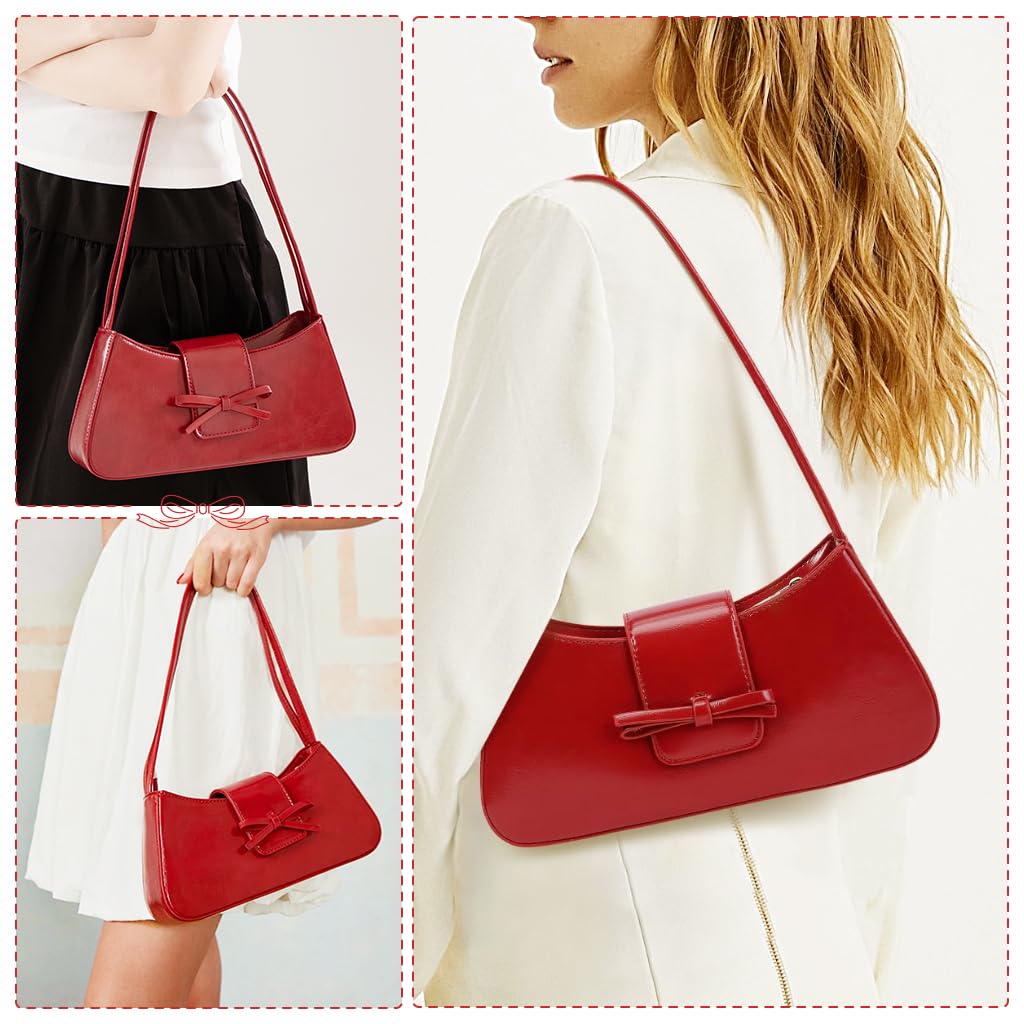 PALAY Shoulder Bag for Women with Bow Charm and Dual Closure 27x14cm Glossy Red Purse