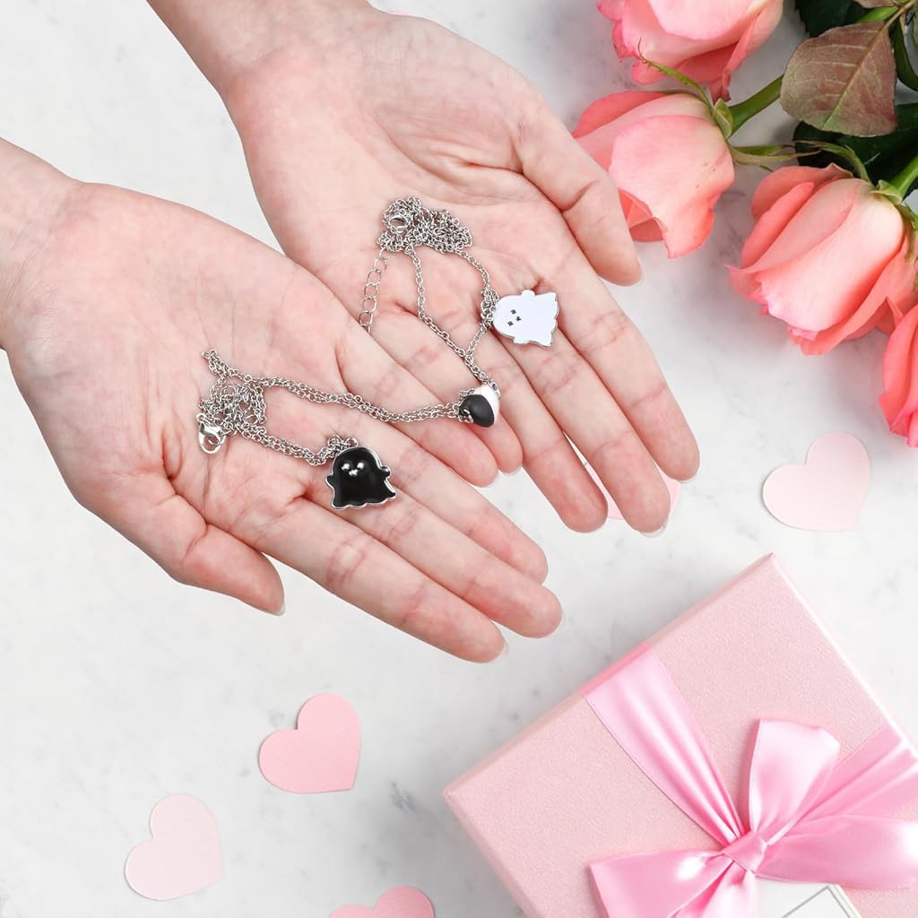 Zibuyu Friendship Necklace for Best Friends with Magnetic Heart Charm and 60cm Chains | Black and White Ghost Design