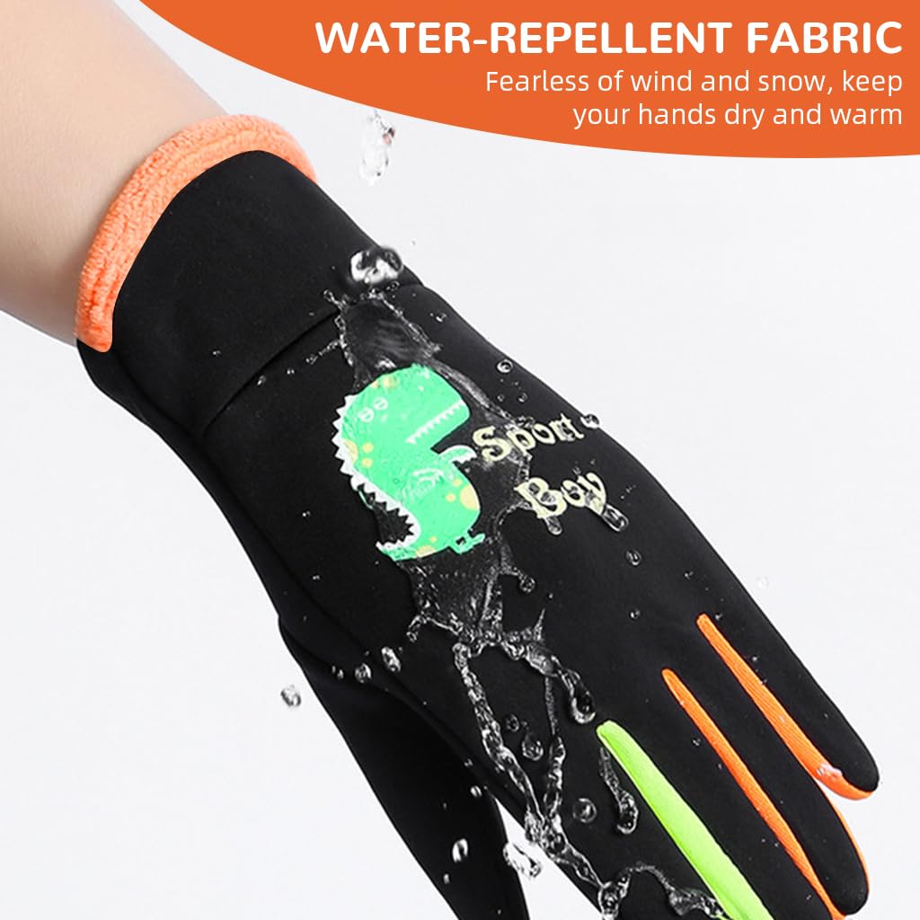 PROBEROS Child Winter Riding Gloves with Reflective Dino Pattern and Coral Fleece Liner for Kids Aged 3–8 | Windproof & Splashproof Outdoor Sports Warmth to -5°C