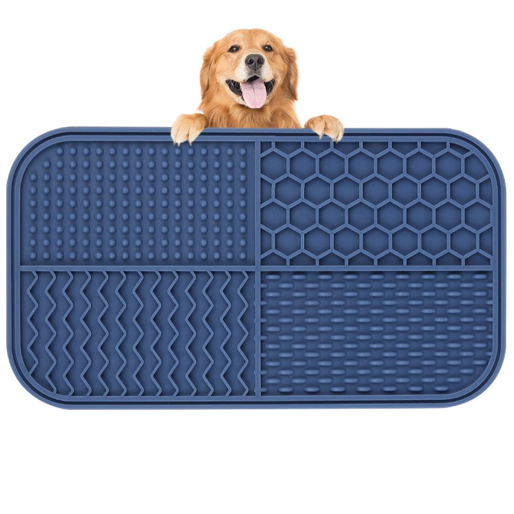 Qpets® Lick Pad for Dog Cat, Food-Grade Silicone Dog Food Mat Slow Feeding Mat for Wet Food, Peanut Butter, Rectangular Lick Pad with 4 Patterns, Perfect Use During Training, Bathing, Grooming