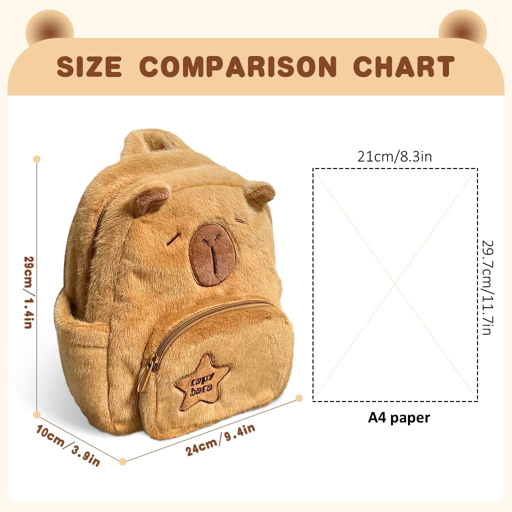 Climberty Cute Capybara Bag for School and Travel with Dual Zipper Pouches | Soft Plush Backpack for Girls