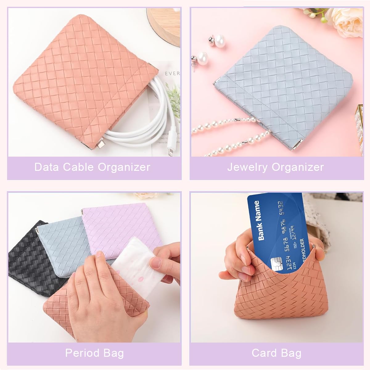 MAYCREATE® 4Pcs Small Makeup Pouch Small Pouches Makeup Bag Mini PU Leather Cosmetic Bag Weave Makeup Pouches for Women Pocket Purse for Coin Lipstick Jewelry Organizer