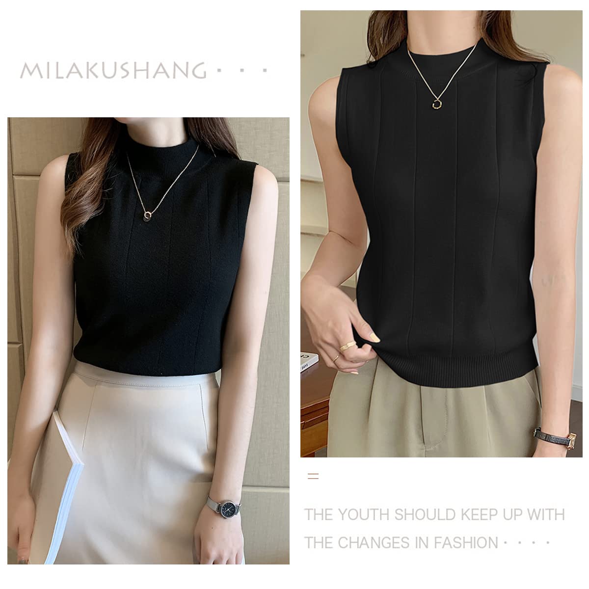 PALAY Womens Sleeveless Top for Daily Wear with Stretchable Knit Design 53cm Length Black