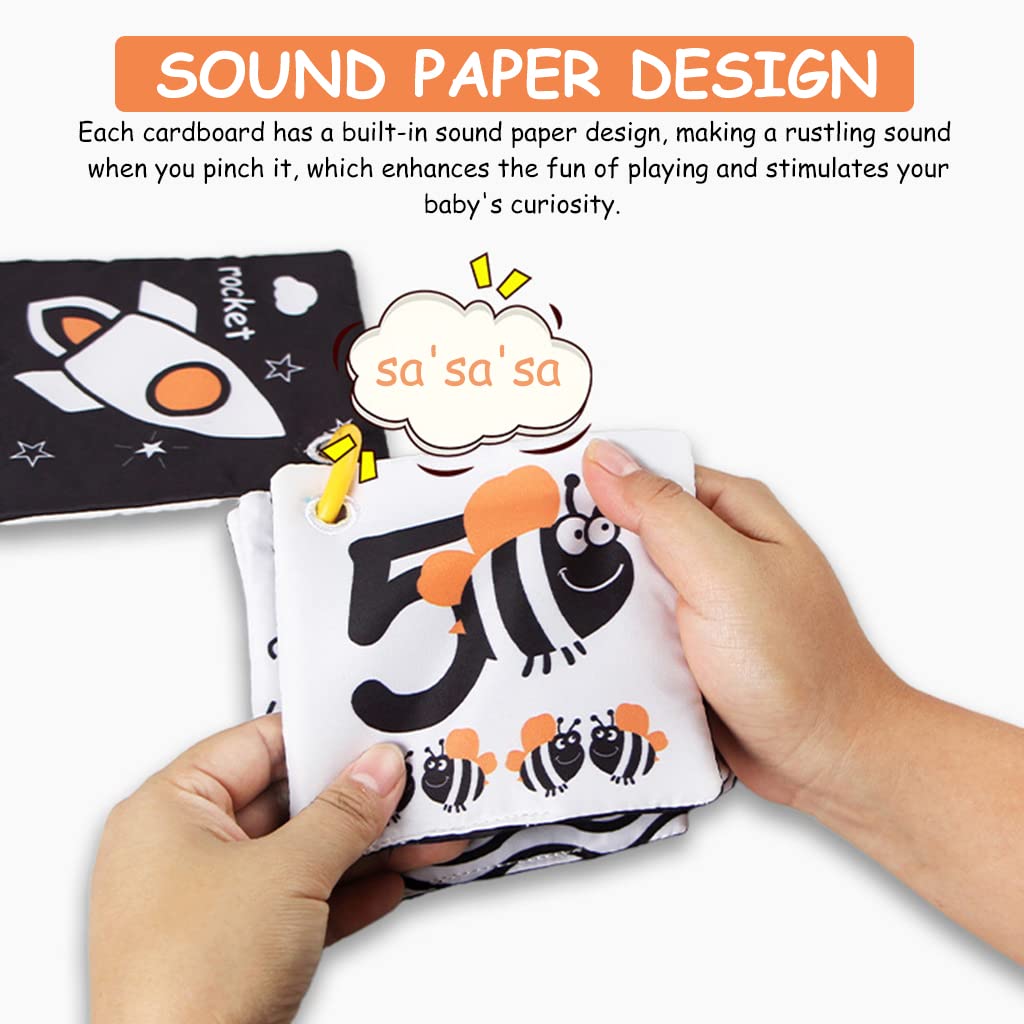 HASTHIP Baby Cloth Book for Tummy Time with 6 Double Sided Pages and Silicone Hoop | Black and White Visual Toy for 0–12 Month Infants