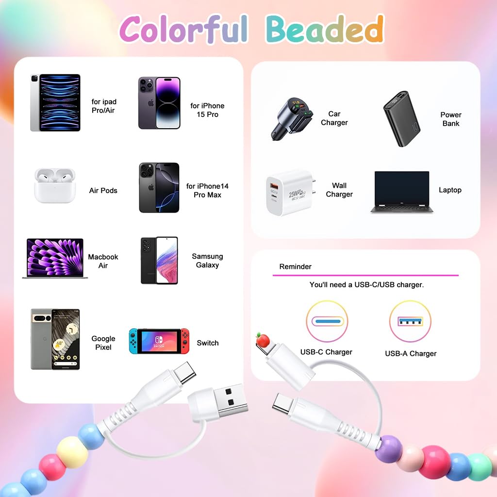 ZORBES USB C Cable 4 in 1 Multi Beaded 3.3 ft with 480 Mb/s Data Sync | for iPhone and Galaxy