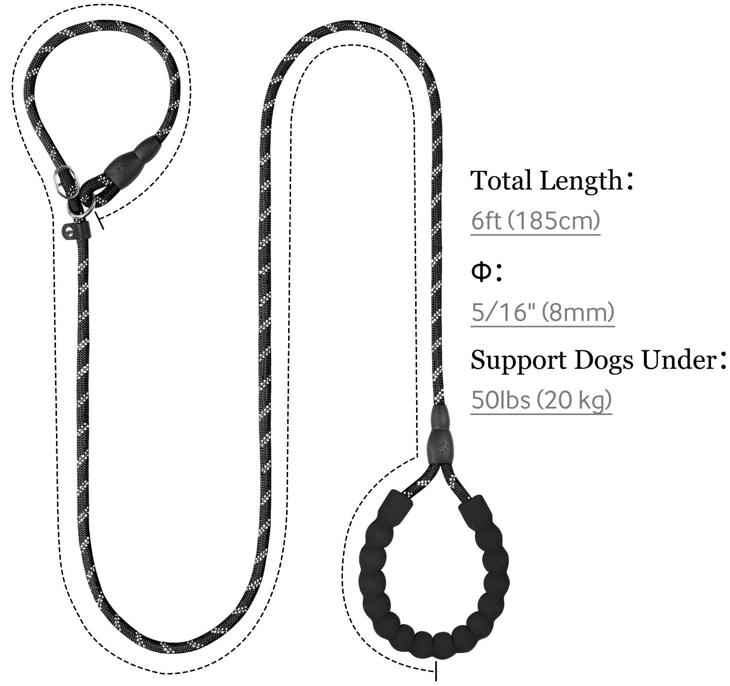 Qpets Dog Training Leash with Double Lock Buckle and Soft Padded Grip 5.58 ft Black | Reflective Rope for Small to Large Dogs