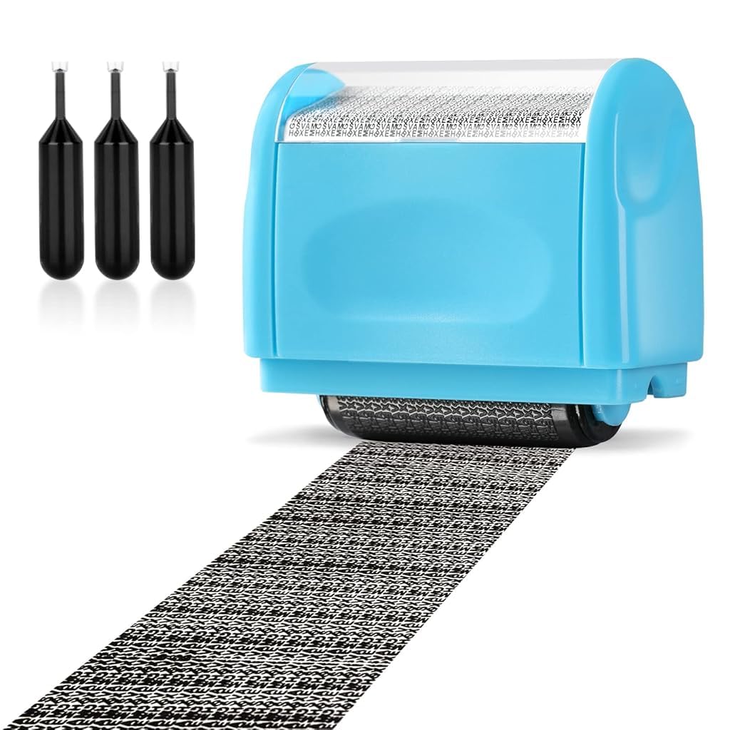 OFIFO® Address Blocker Wide Roller Stamp - Confidential Data Defender with 3-Pack Refills for Anti Theft and Privacy Safety (Blue Stamp + 3 Refills)-Blue
